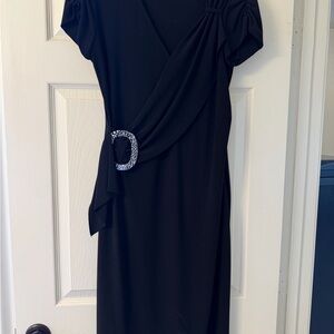 Joseph Ribkoff Black Draped Mini Dress with Embellished Buckle